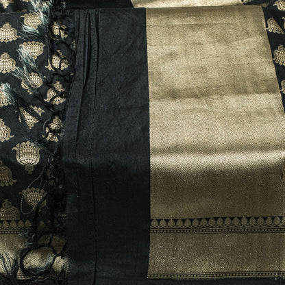 Sanskriti Vintage Dupatta/Stole Black Art Silk Brocade Zari Woven Ornament Veil
