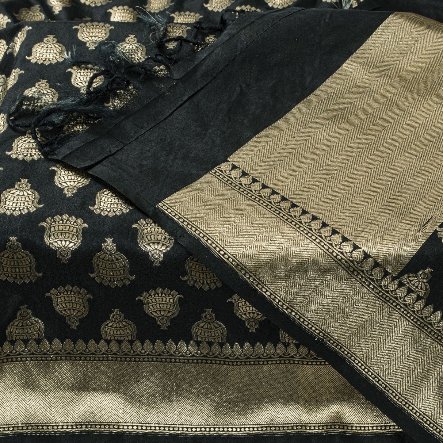 Sanskriti Vintage Dupatta/Stole Black Art Silk Brocade Zari Woven Ornament Veil