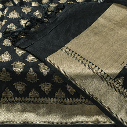 Sanskriti Vintage Dupatta/Stole Black Art Silk Brocade Zari Woven Ornament Veil