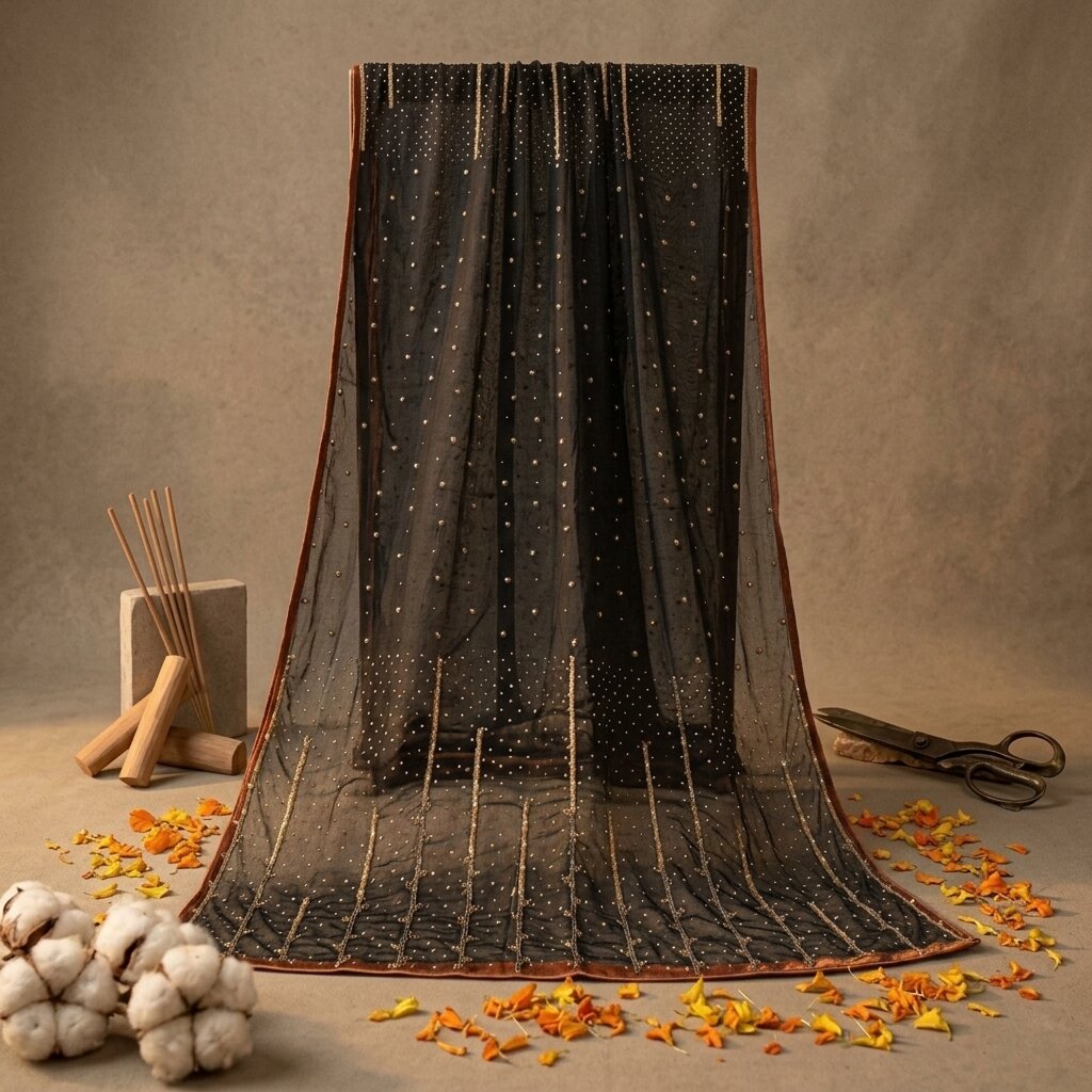 Sanskriti Vintage Dupatta/Stole Black Net Hand Beaded Dabka Premium Bridal Veil