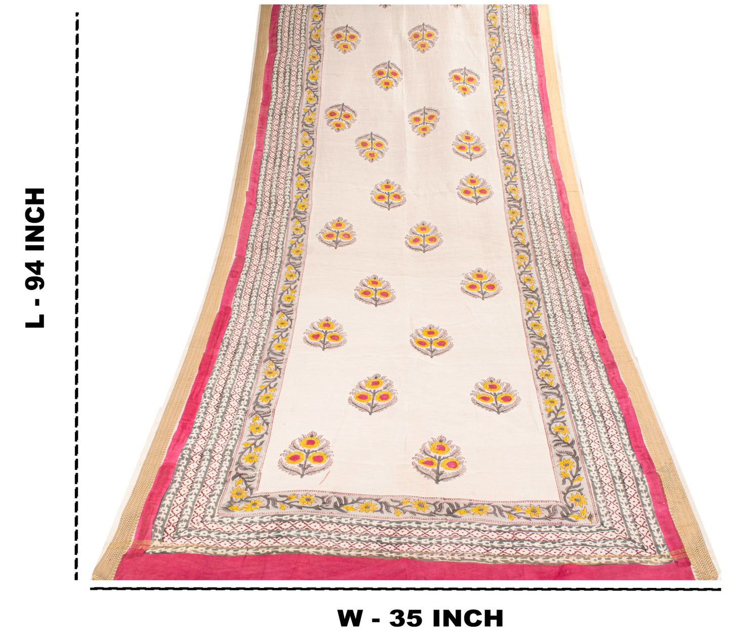 Sanskriti Vintage Dupatta/Stole White Cotton Silk Sanganeri Handblock Print Veil