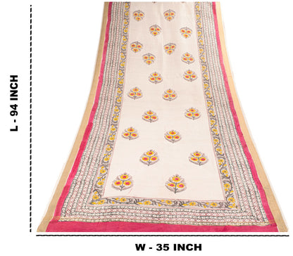 Sanskriti Vintage Dupatta/Stole White Cotton Silk Sanganeri Handblock Print Veil
