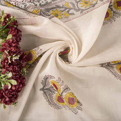 Sanskriti Vintage Dupatta/Stole White Cotton Silk Sanganeri Handblock Print Veil