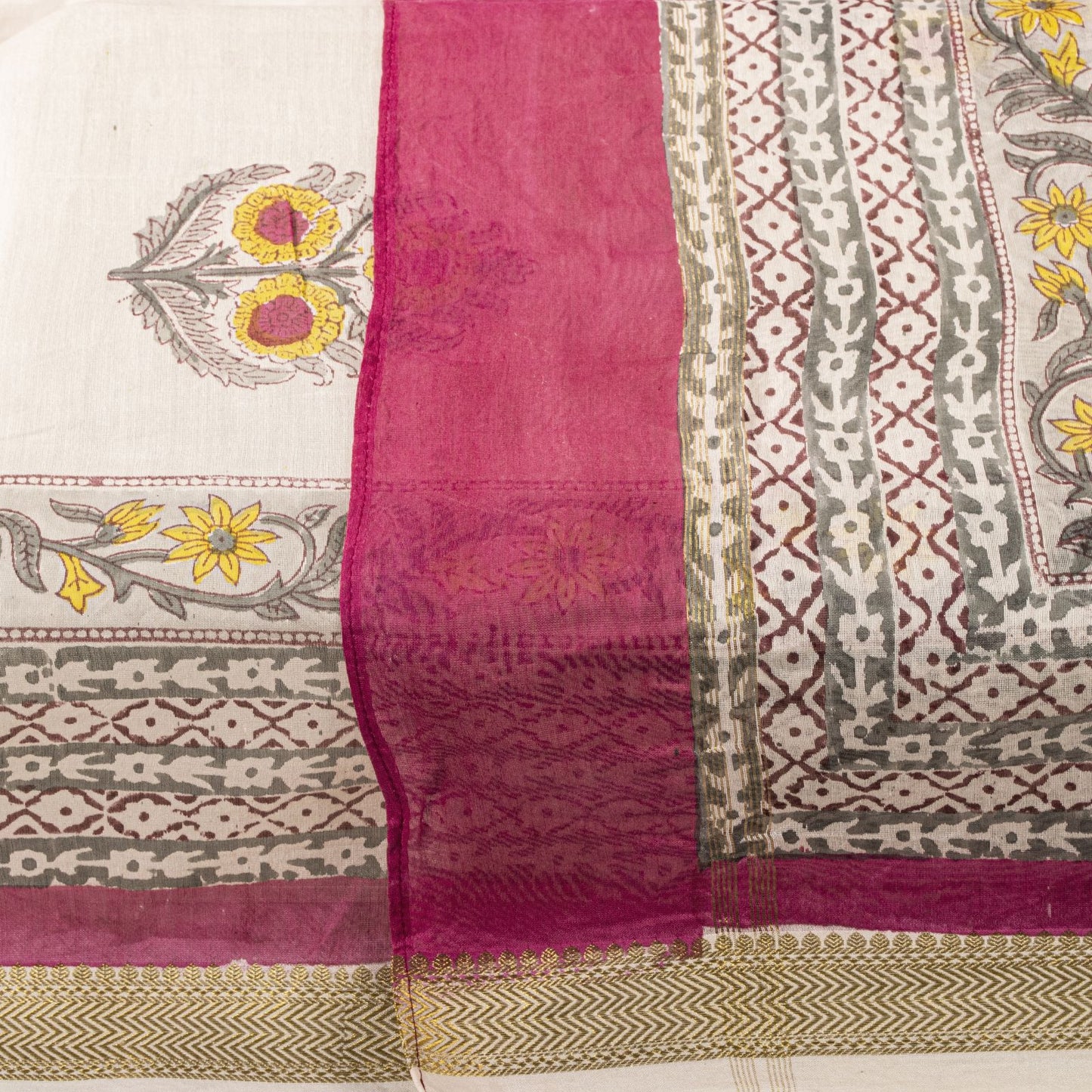 Sanskriti Vintage Dupatta/Stole White Cotton Silk Sanganeri Handblock Print Veil