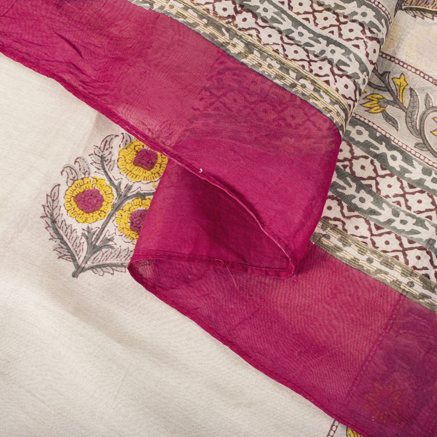 Sanskriti Vintage Dupatta/Stole White Cotton Silk Sanganeri Handblock Print Veil