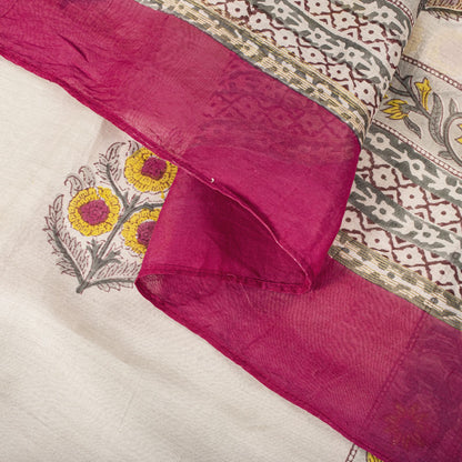 Sanskriti Vintage Dupatta/Stole White Cotton Silk Sanganeri Handblock Print Veil
