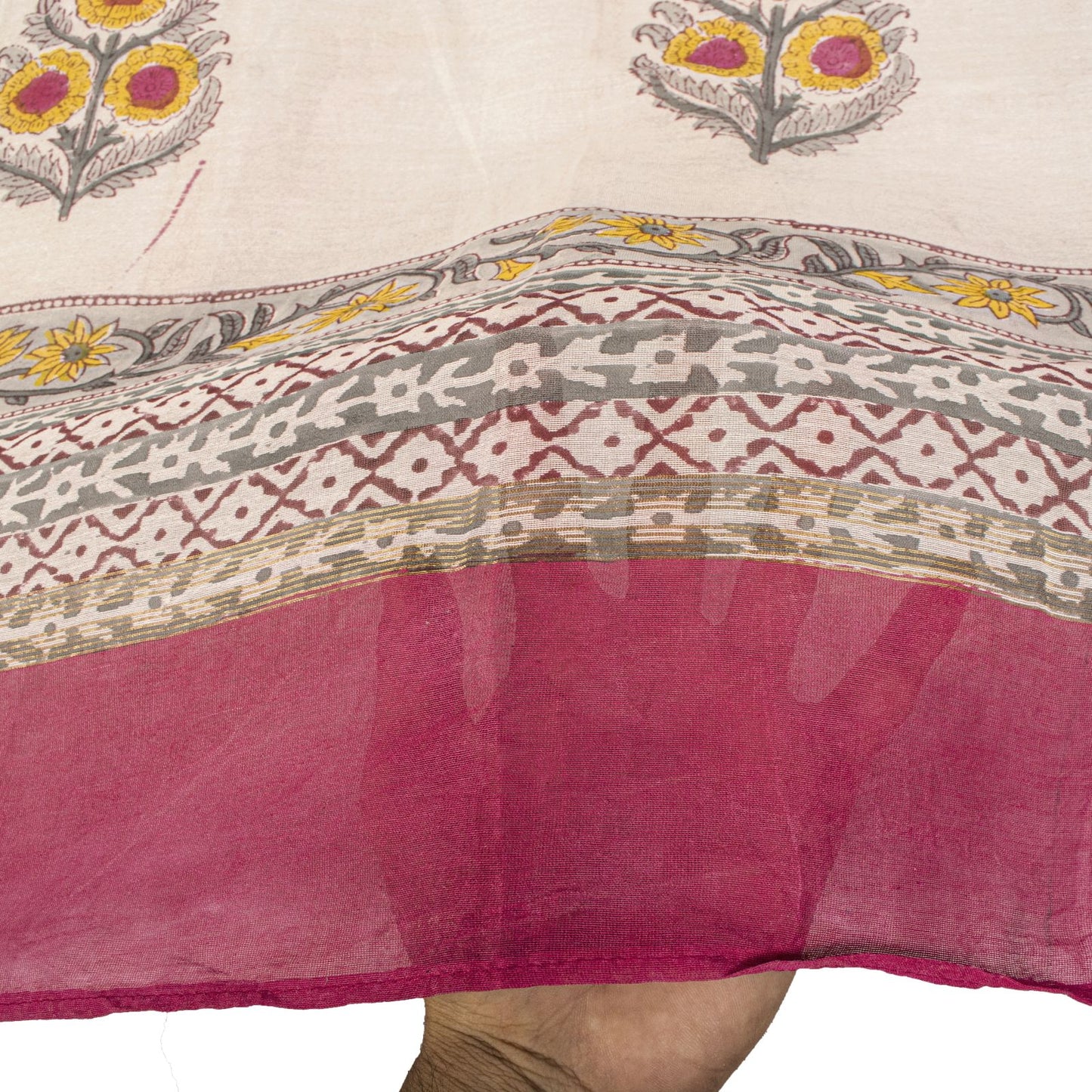 Sanskriti Vintage Dupatta/Stole White Cotton Silk Sanganeri Handblock Print Veil