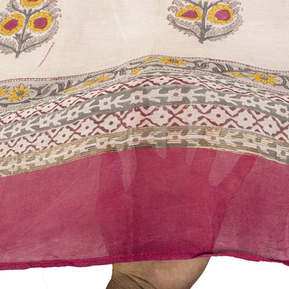 Sanskriti Vintage Dupatta/Stole White Cotton Silk Sanganeri Handblock Print Veil