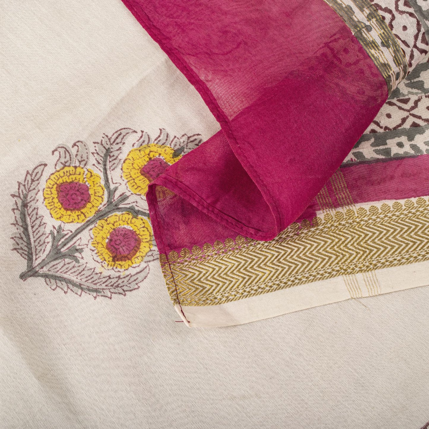 Sanskriti Vintage Dupatta/Stole White Cotton Silk Sanganeri Handblock Print Veil