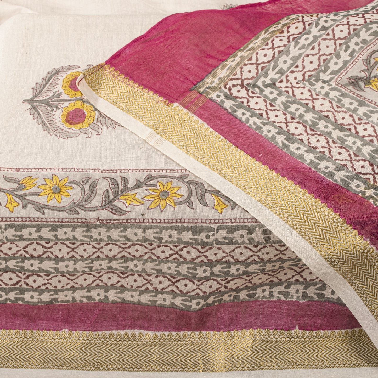 Sanskriti Vintage Dupatta/Stole White Cotton Silk Sanganeri Handblock Print Veil