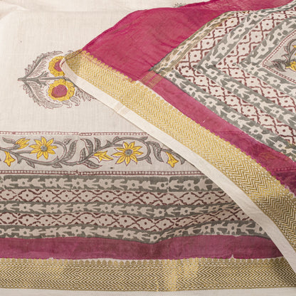 Sanskriti Vintage Dupatta/Stole White Cotton Silk Sanganeri Handblock Print Veil