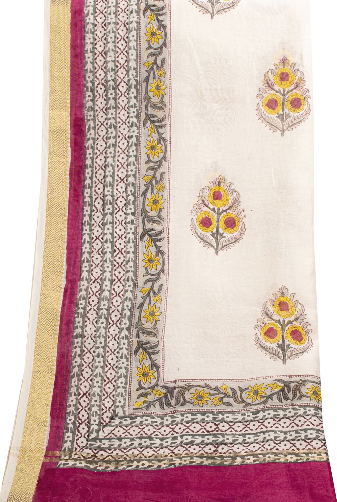 Sanskriti Vintage Dupatta/Stole White Cotton Silk Sanganeri Handblock Print Veil