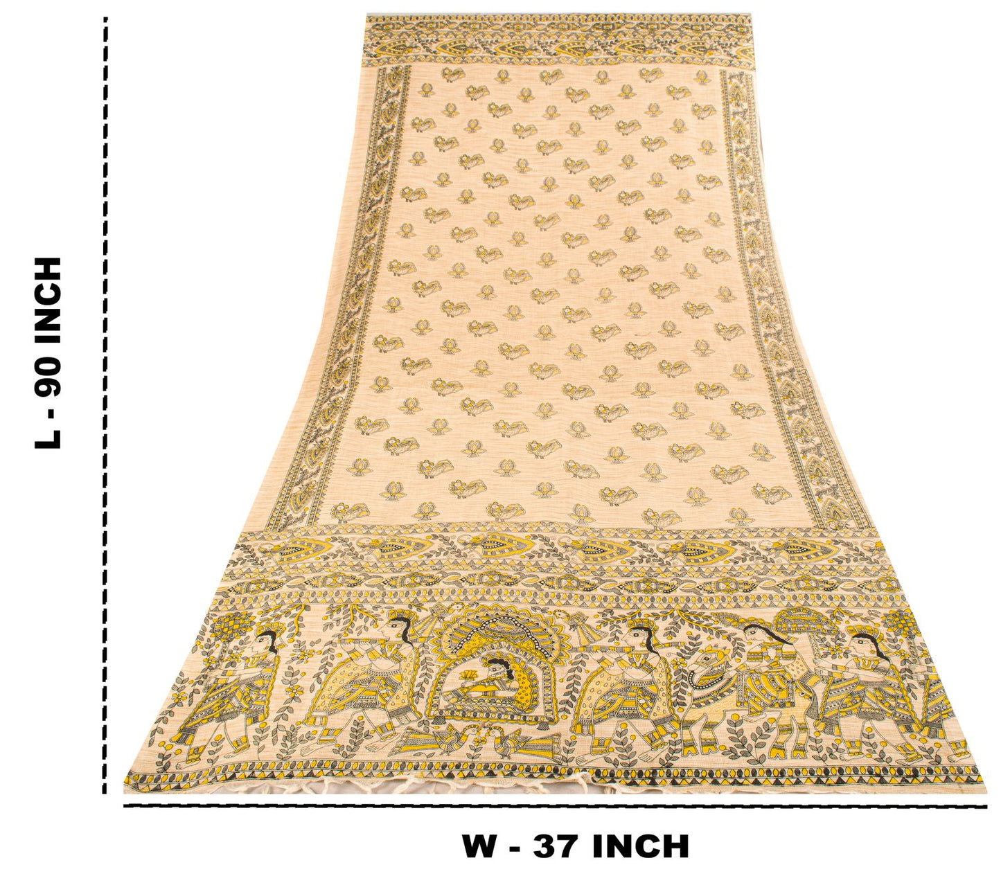 Sanskriti Vintage Dupatta/Stole Beige Blend Cotton Madhubani Print Peacock Veil