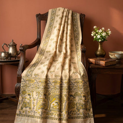 Sanskriti Vintage Dupatta/Stole Beige Blend Cotton Madhubani Print Peacock Veil