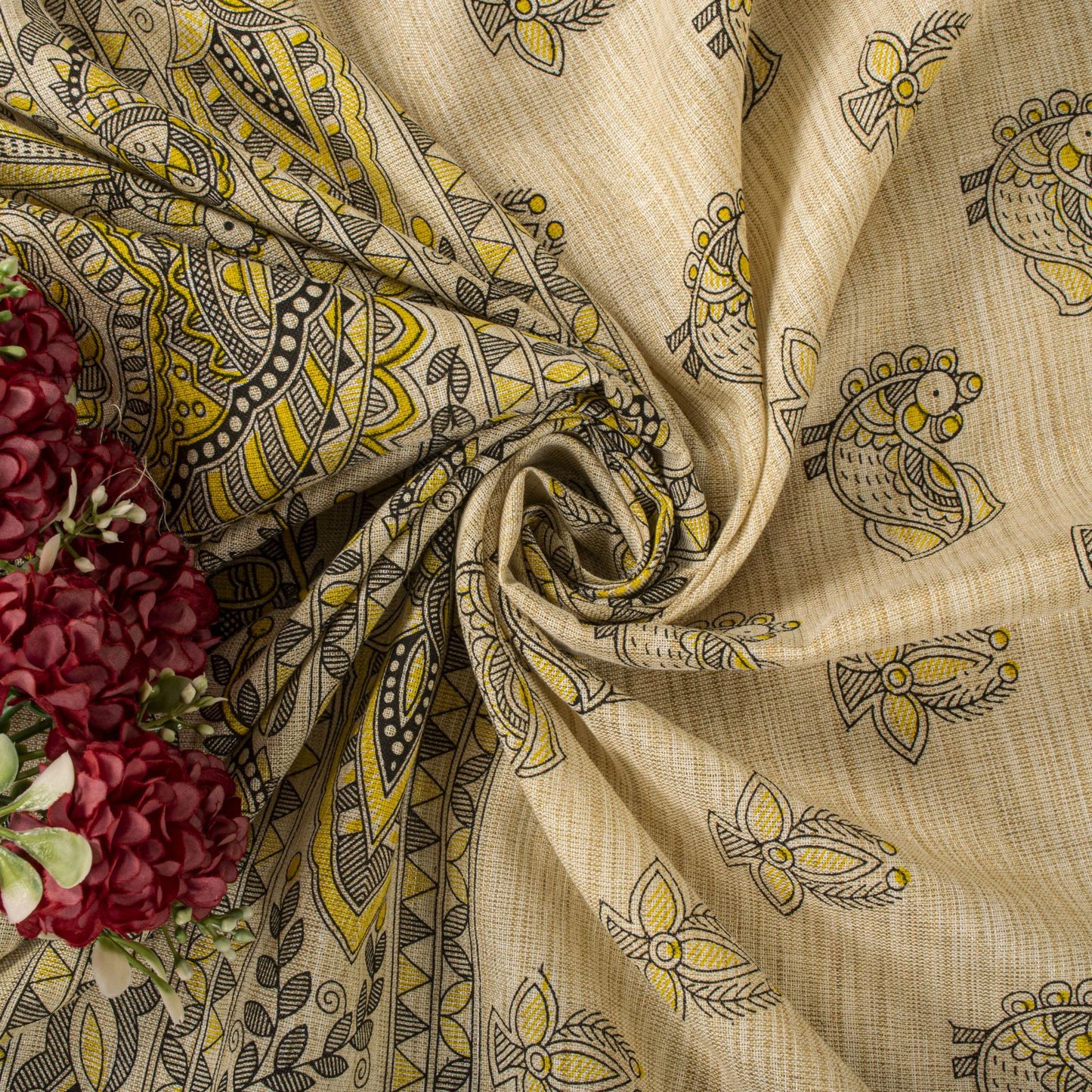 Sanskriti Vintage Dupatta/Stole Beige Blend Cotton Madhubani Print Peacock Veil
