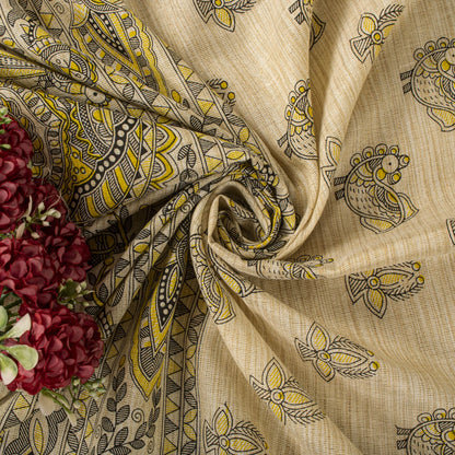 Sanskriti Vintage Dupatta/Stole Beige Blend Cotton Madhubani Print Peacock Veil