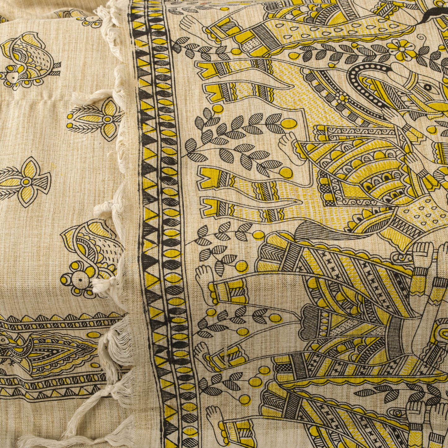 Sanskriti Vintage Dupatta/Stole Beige Blend Cotton Madhubani Print Peacock Veil