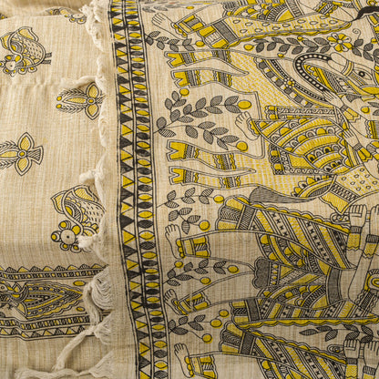 Sanskriti Vintage Dupatta/Stole Beige Blend Cotton Madhubani Print Peacock Veil