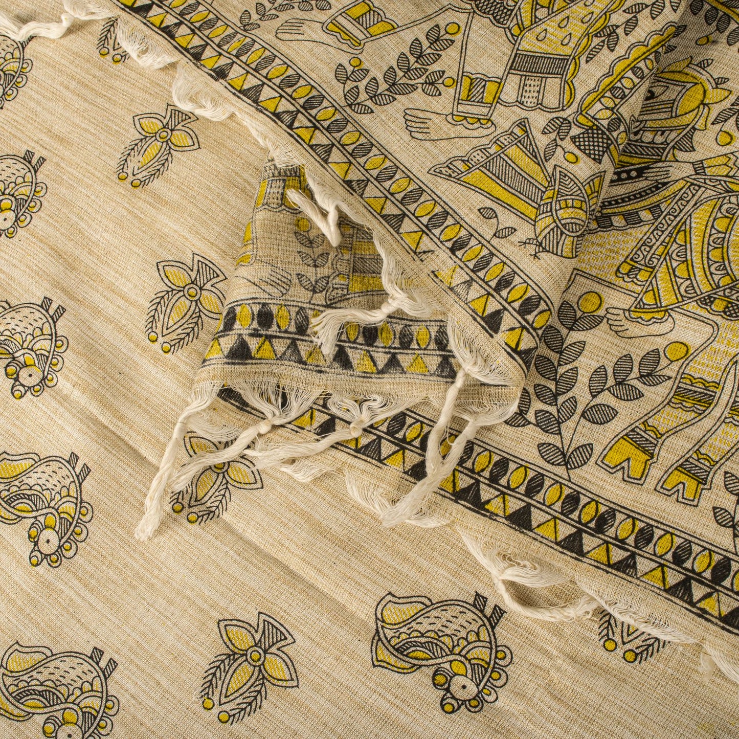 Sanskriti Vintage Dupatta/Stole Beige Blend Cotton Madhubani Print Peacock Veil