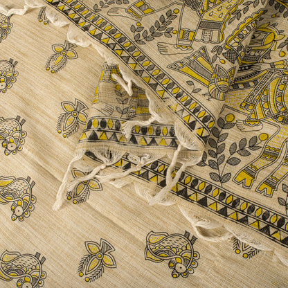 Sanskriti Vintage Dupatta/Stole Beige Blend Cotton Madhubani Print Peacock Veil