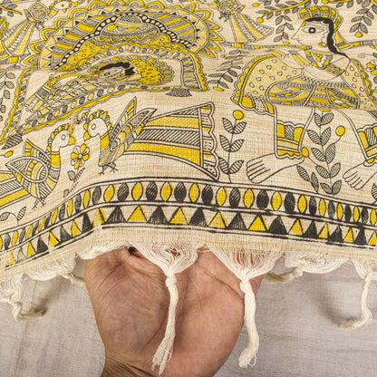 Sanskriti Vintage Dupatta/Stole Beige Blend Cotton Madhubani Print Peacock Veil