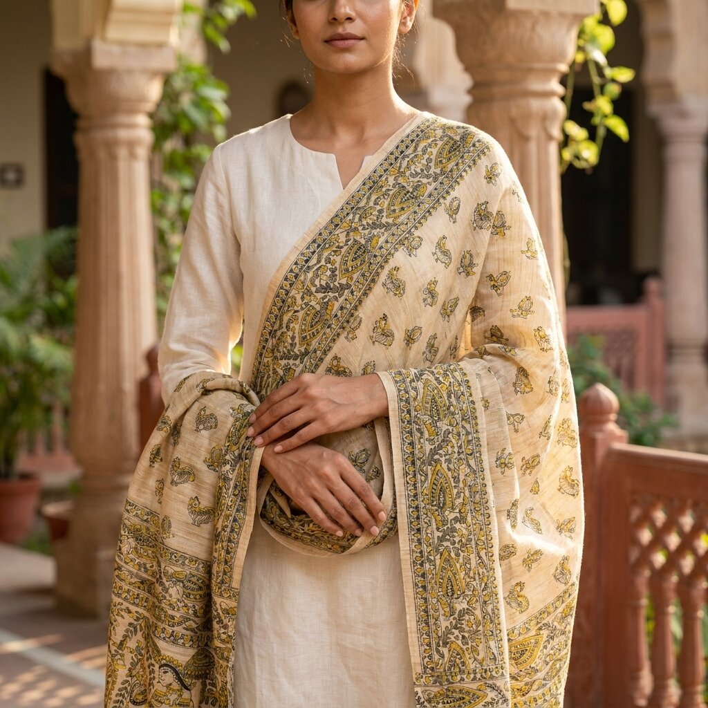 Sanskriti Vintage Dupatta/Stole Beige Blend Cotton Madhubani Print Peacock Veil