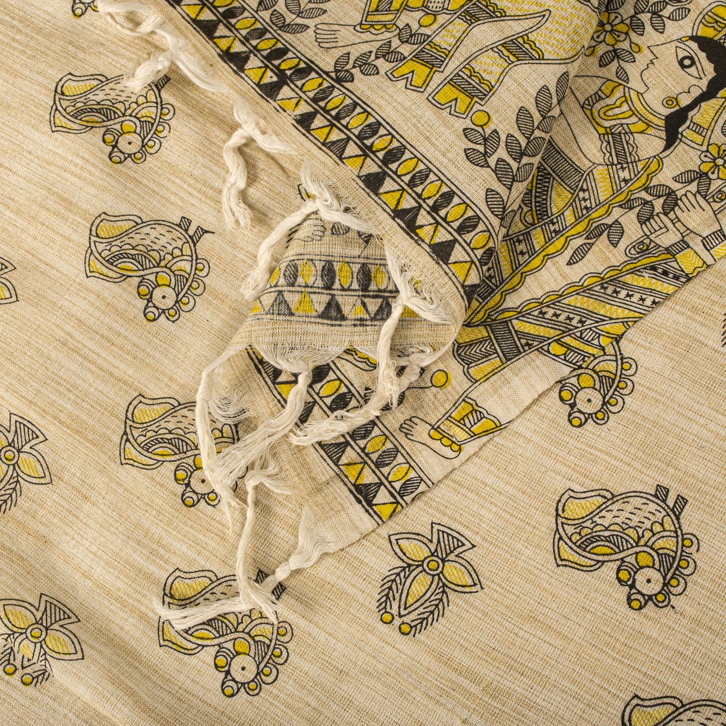 Sanskriti Vintage Dupatta/Stole Beige Blend Cotton Madhubani Print Peacock Veil