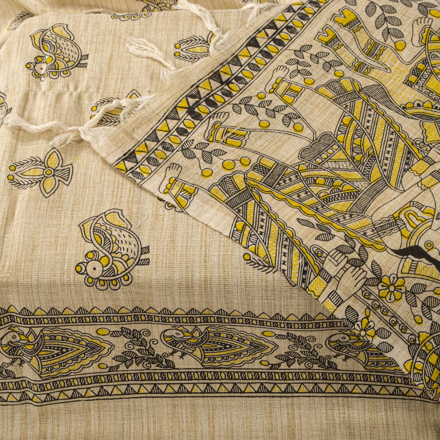 Sanskriti Vintage Dupatta/Stole Beige Blend Cotton Madhubani Print Peacock Veil