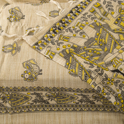 Sanskriti Vintage Dupatta/Stole Beige Blend Cotton Madhubani Print Peacock Veil