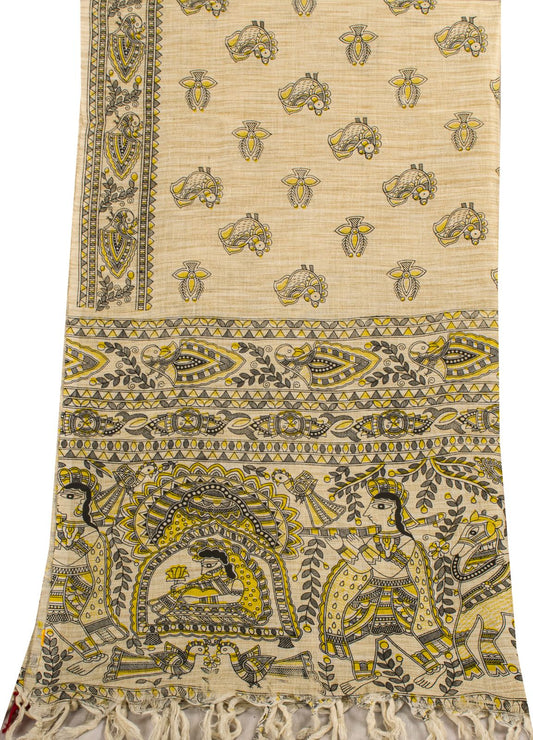 Sanskriti Vintage Dupatta/Stole Beige Blend Cotton Madhubani Print Peacock Veil