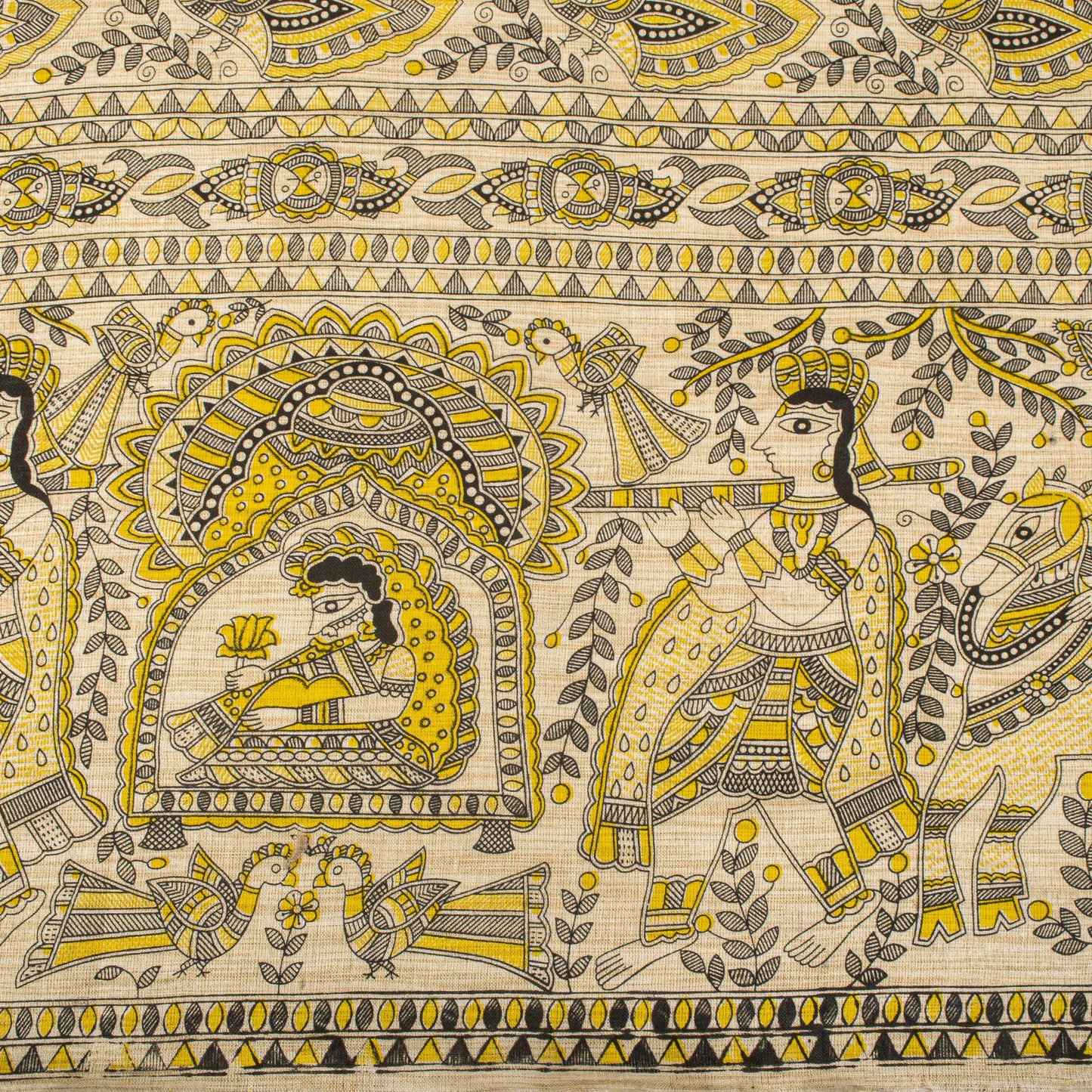 Sanskriti Vintage Dupatta/Stole Beige Blend Cotton Madhubani Print Peacock Veil