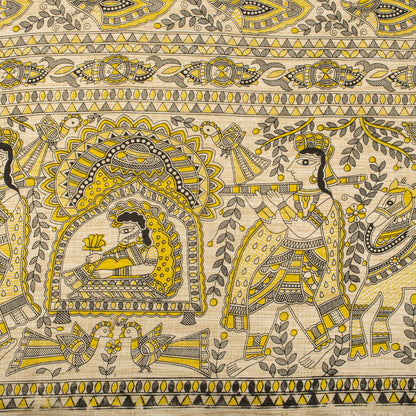 Sanskriti Vintage Dupatta/Stole Beige Blend Cotton Madhubani Print Peacock Veil