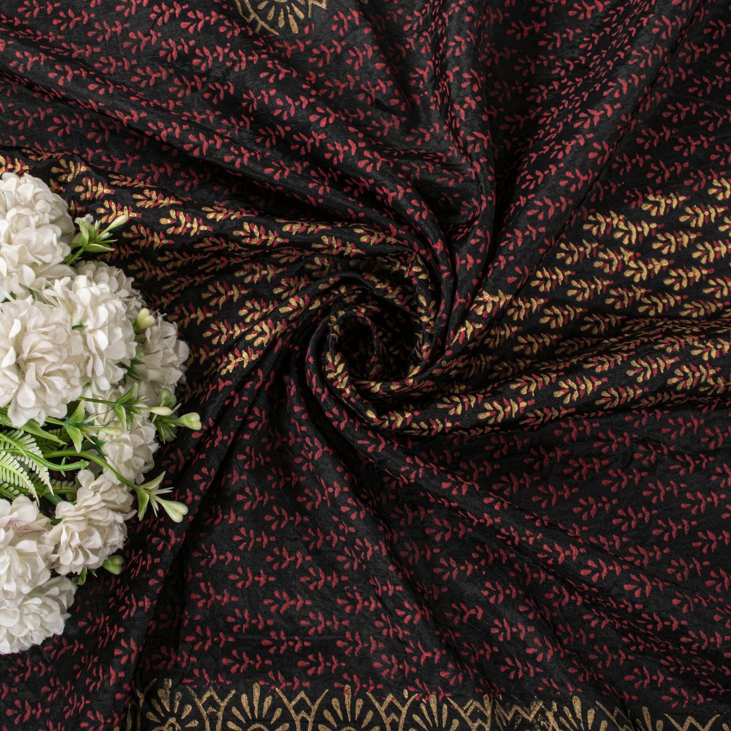 Sanskriti Vintage Dupatta/Stole Black Blend Silk Hand Block Print Floral Veil