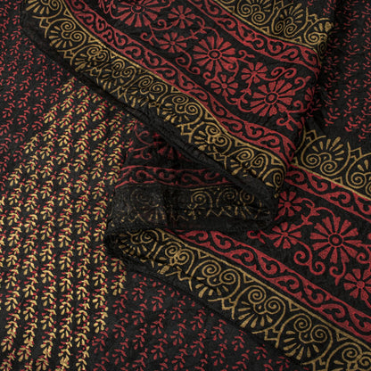Sanskriti Vintage Dupatta/Stole Black Blend Silk Hand Block Print Floral Veil