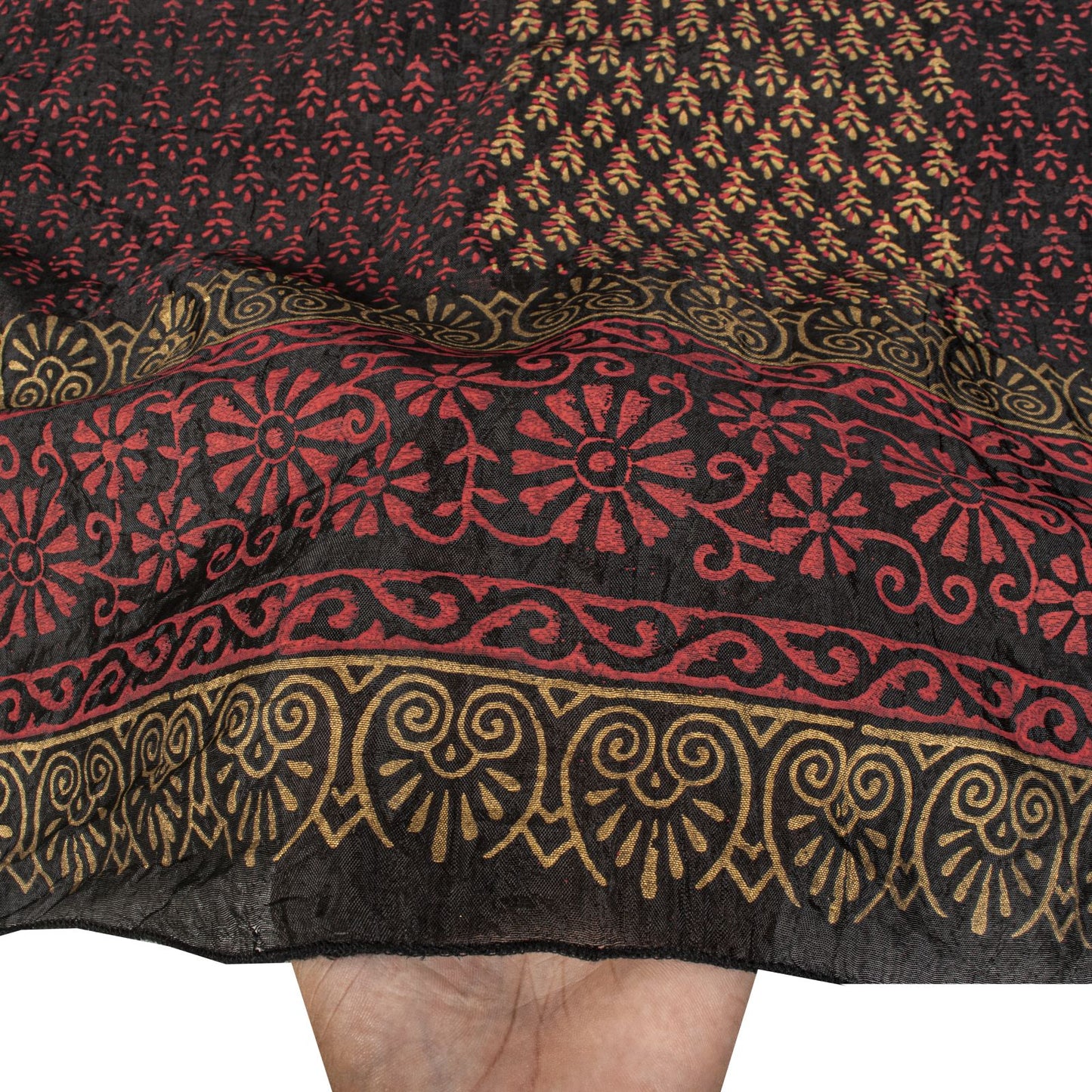 Sanskriti Vintage Dupatta/Stole Black Blend Silk Hand Block Print Floral Veil