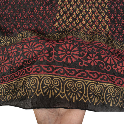 Sanskriti Vintage Dupatta/Stole Black Blend Silk Hand Block Print Floral Veil