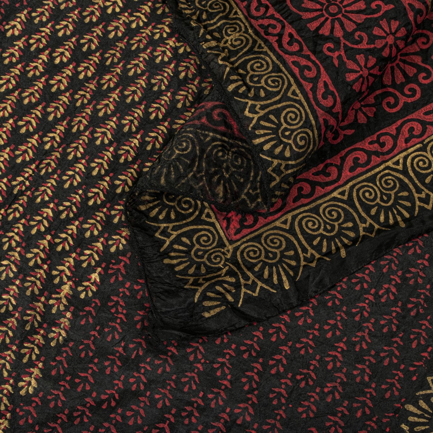 Sanskriti Vintage Dupatta/Stole Black Blend Silk Hand Block Print Floral Veil
