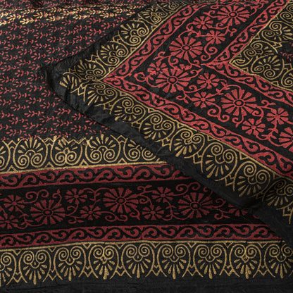 Sanskriti Vintage Dupatta/Stole Black Blend Silk Hand Block Print Floral Veil
