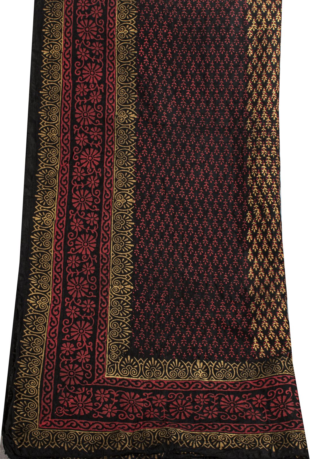 Sanskriti Vintage Dupatta/Stole Black Blend Silk Hand Block Print Floral Veil