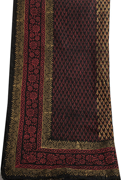 Sanskriti Vintage Dupatta/Stole Black Blend Silk Hand Block Print Floral Veil