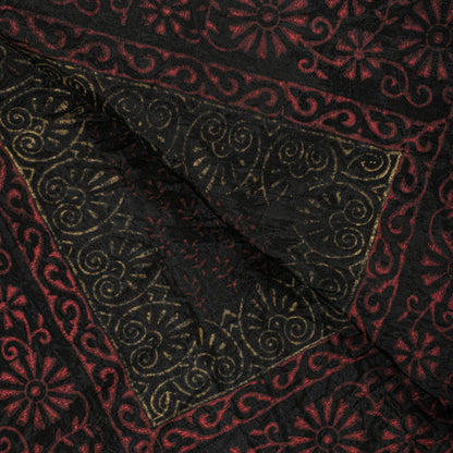 Sanskriti Vintage Dupatta/Stole Black Blend Silk Hand Block Print Floral Veil