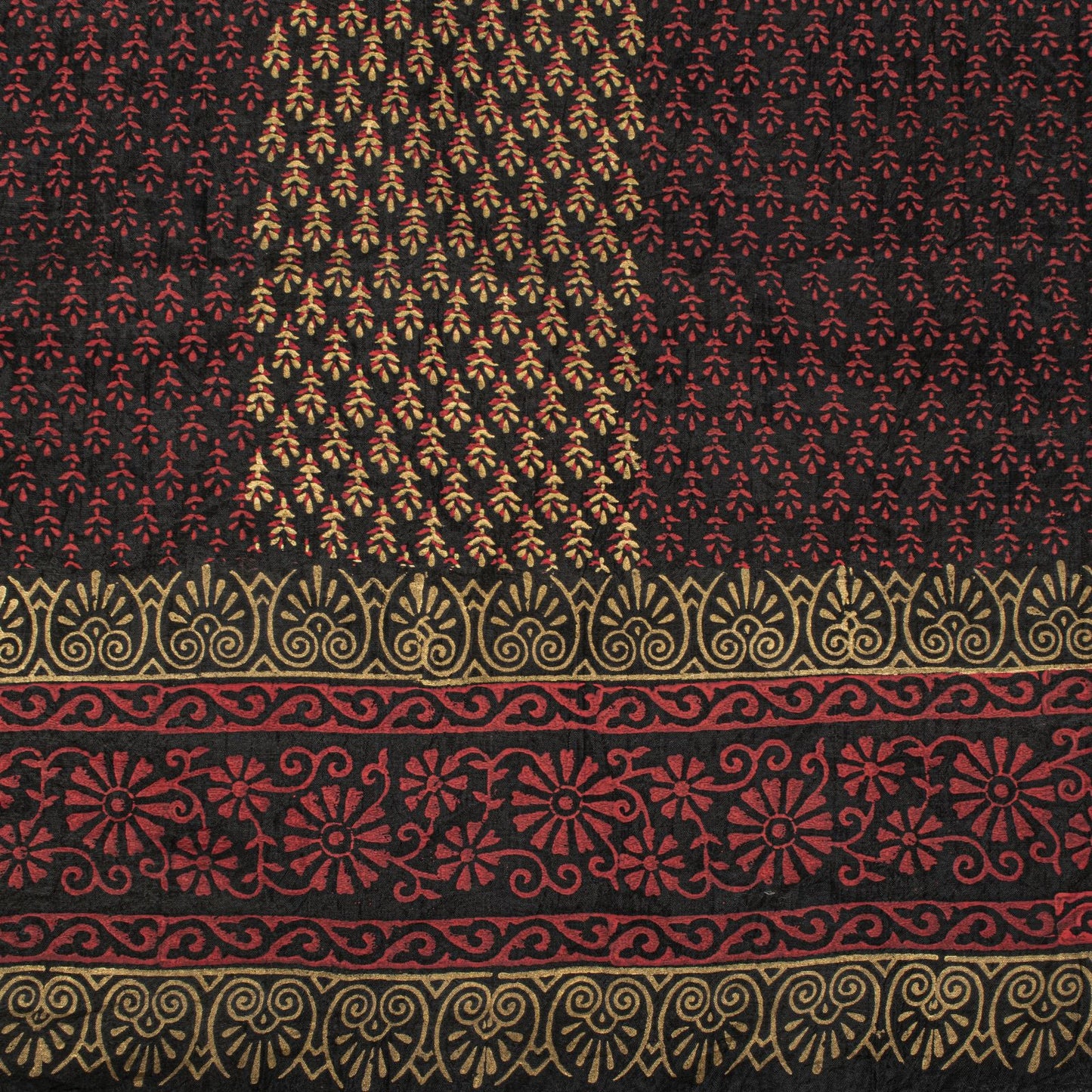 Sanskriti Vintage Dupatta/Stole Black Blend Silk Hand Block Print Floral Veil