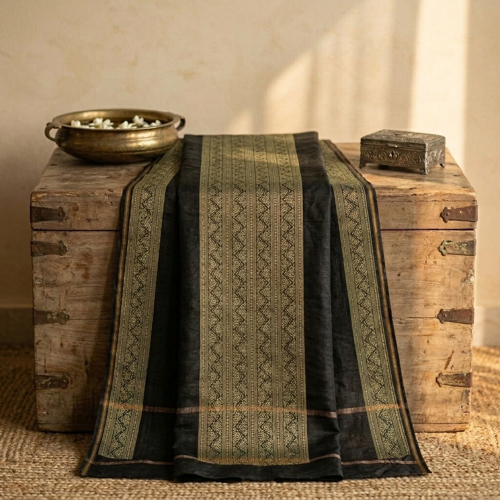 Sanskriti Vintage Dupatta/Stole Black Cotton Silk Hand Block Print Chanderi Veil