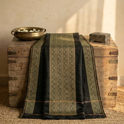 Sanskriti Vintage Dupatta/Stole Black Cotton Silk Hand Block Print Chanderi Veil