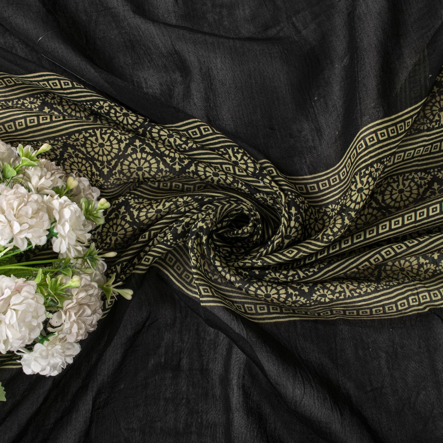 Sanskriti Vintage Dupatta/Stole Black Cotton Silk Hand Block Print Chanderi Veil