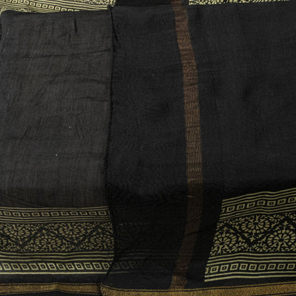 Sanskriti Vintage Dupatta/Stole Black Cotton Silk Hand Block Print Chanderi Veil