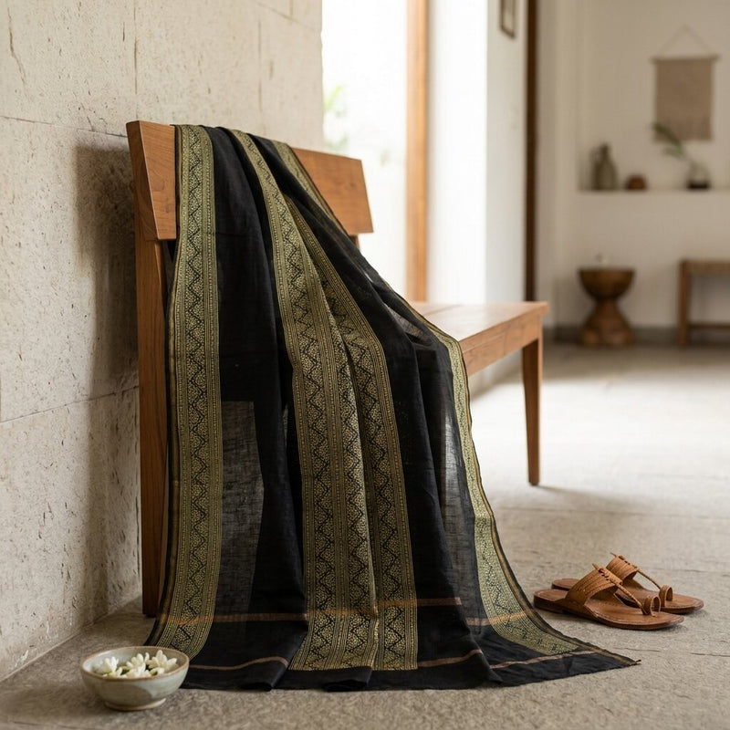 Sanskriti Vintage Dupatta/Stole Black Cotton Silk Hand Block Print Chanderi Veil