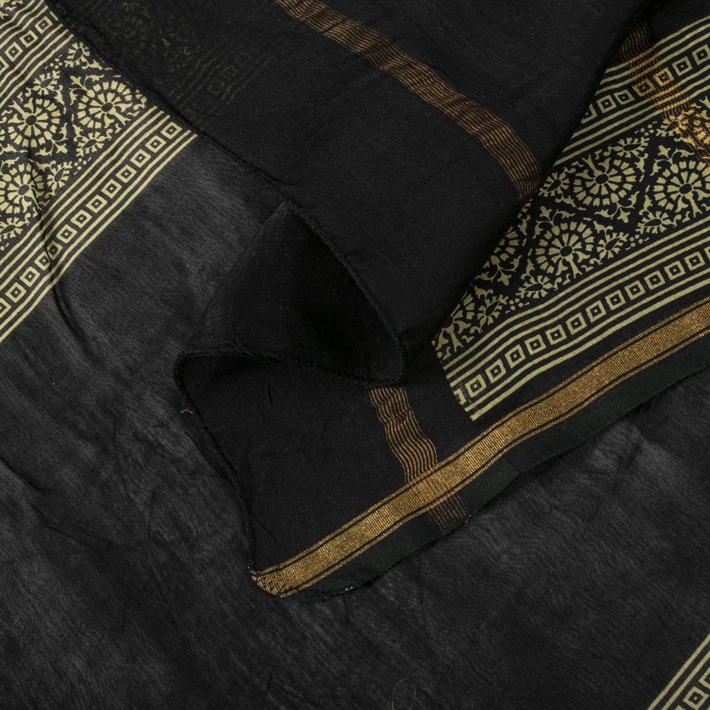 Sanskriti Vintage Dupatta/Stole Black Cotton Silk Hand Block Print Chanderi Veil