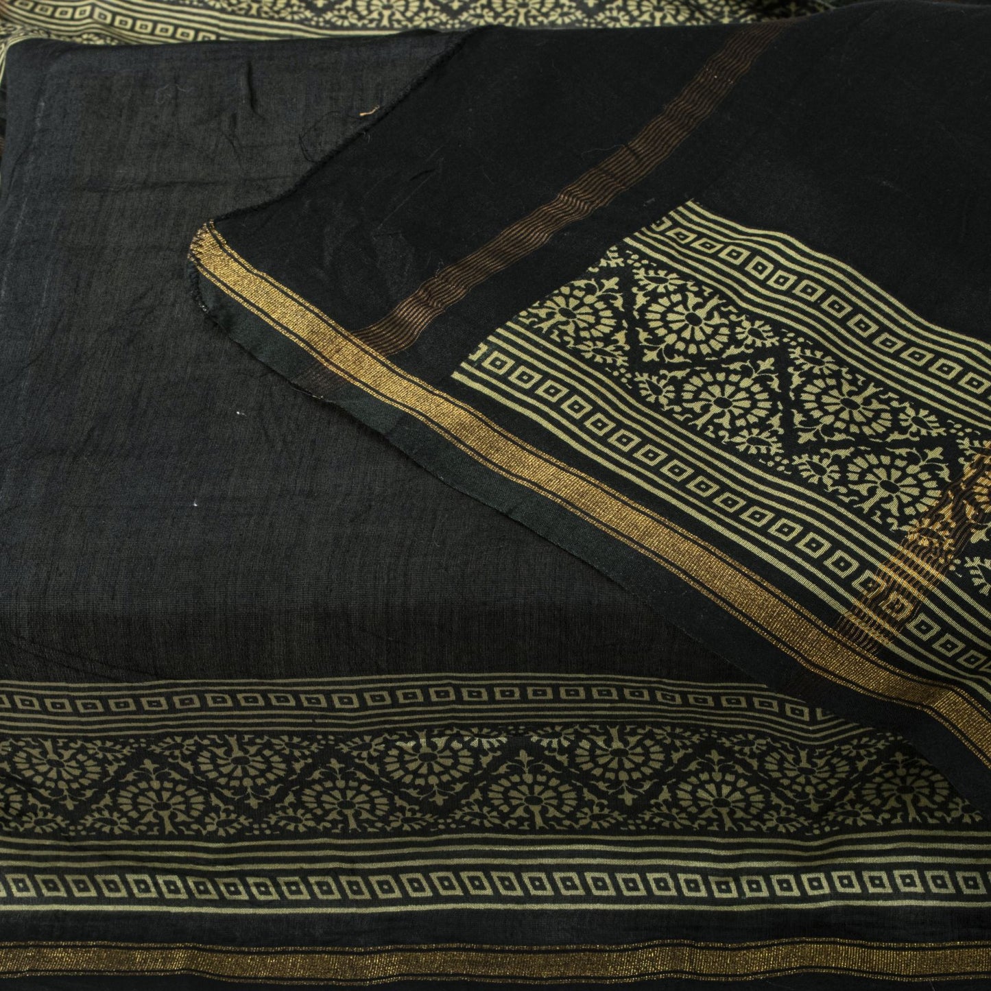 Sanskriti Vintage Dupatta/Stole Black Cotton Silk Hand Block Print Chanderi Veil