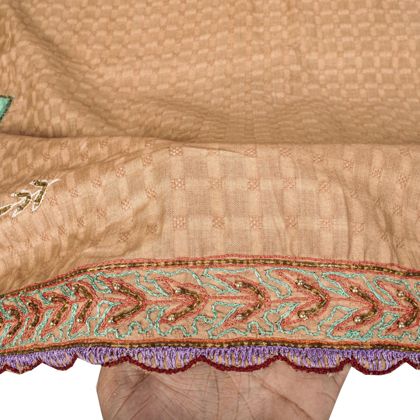 Sanskriti Vintage Dupatta/Stole Beige Pure Cotton Hand Beaded-Hand Woven Veil